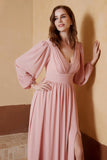 Plunging V Neck Formal Evening Dresses with Long Sleeves Mother of the Bride Dress Gowns