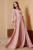 Plunging V Neck Formal Evening Dresses with Long Sleeves Mother of the Bride Dress Gowns