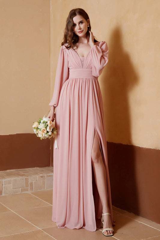 Plunging V Neck Formal Evening Dresses with Long Sleeves Mother of the Bride Dress Gowns