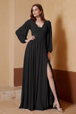 Plunging V Neck Formal Evening Dresses with Long Sleeves Mother of the Bride Dress Gowns