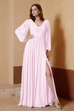 Plunging V Neck Formal Evening Dresses with Long Sleeves Mother of the Bride Dress Gowns