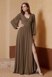 Plunging V Neck Formal Evening Dresses with Long Sleeves Mother of the Bride Dress Gowns