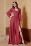 Plunging V Neck Formal Evening Dresses with Long Sleeves Mother of the Bride Dress Gowns