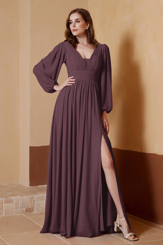 Plunging V Neck Formal Evening Dresses with Long Sleeves Mother of the Bride Dress Gowns