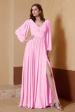 Plunging V Neck Formal Evening Dresses with Long Sleeves Mother of the Bride Dress Gowns