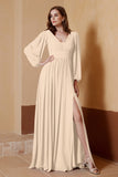 Plunging V Neck Formal Evening Dresses with Long Sleeves Mother of the Bride Dress Gowns