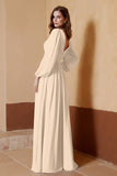 Plunging V Neck Formal Evening Dresses with Long Sleeves Mother of the Bride Dress Gowns