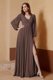 Plunging V Neck Formal Evening Dresses with Long Sleeves Mother of the Bride Dress Gowns