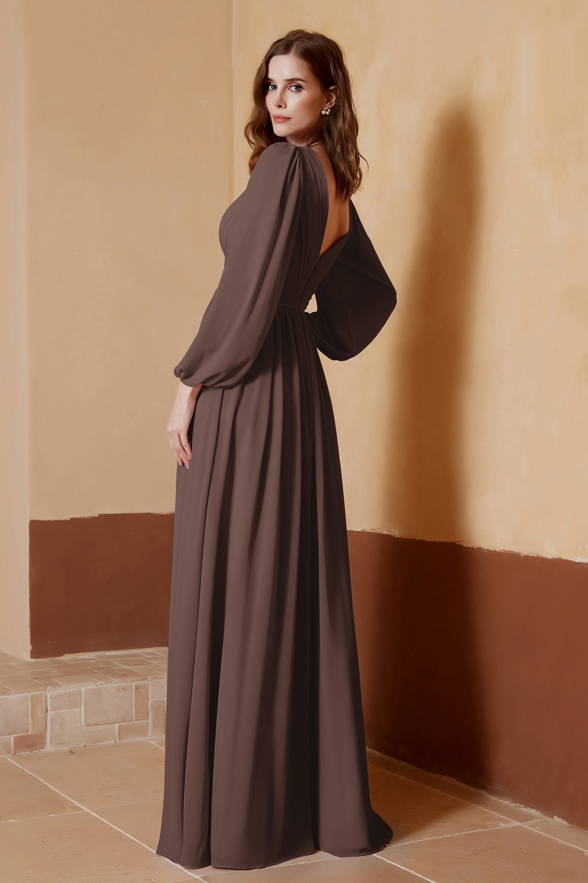 Plunging V Neck Formal Evening Dresses with Long Sleeves Mother of the Bride Dress Gowns