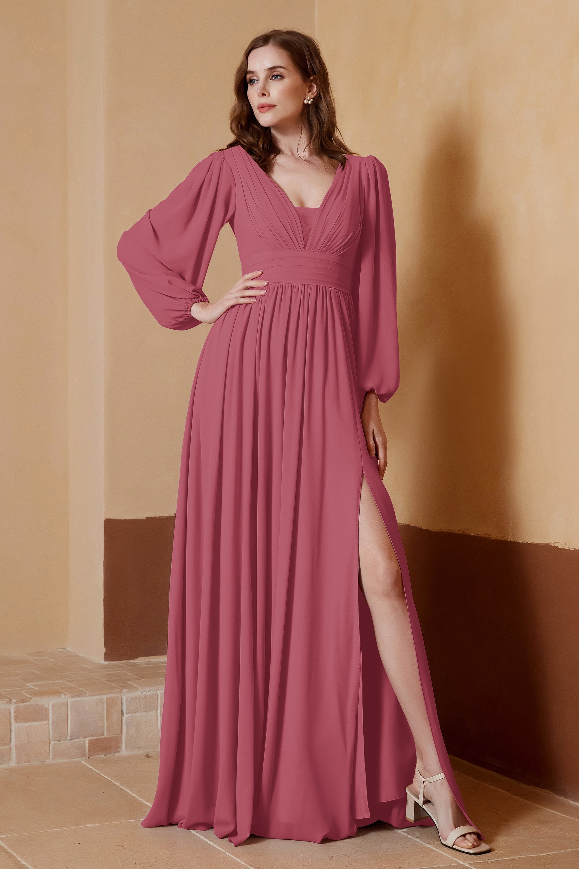 Plunging V Neck Formal Evening Dresses with Long Sleeves Mother of the Bride Dress Gowns