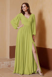 Plunging V Neck Formal Evening Dresses with Long Sleeves Mother of the Bride Dress Gowns