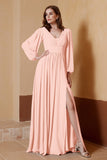 Plunging V Neck Formal Evening Dresses with Long Sleeves Mother of the Bride Dress Gowns