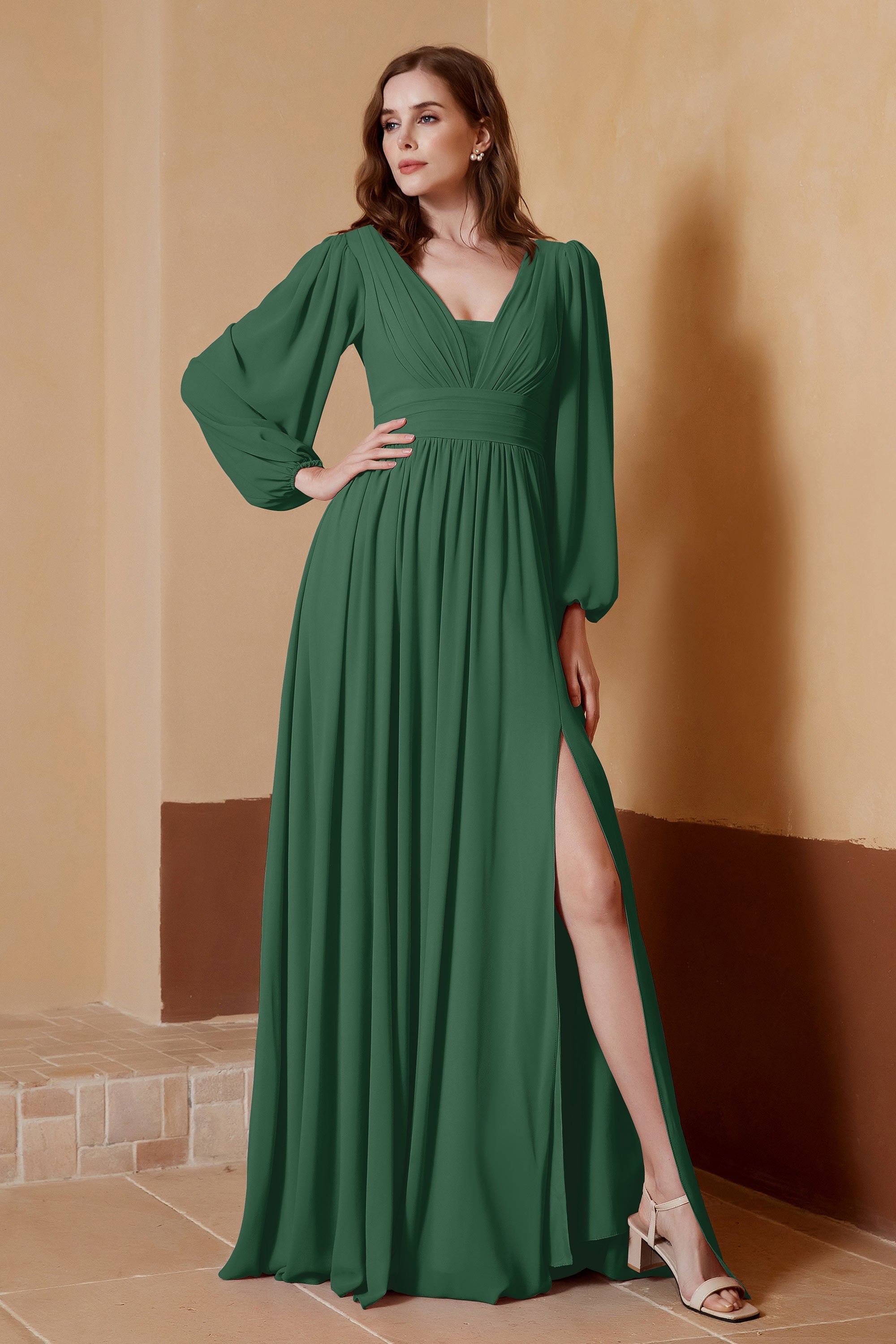 Plunging V Neck Formal Evening Dresses with Long Sleeves Mother of the Bride Dress Gowns