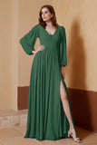 Plunging V Neck Formal Evening Dresses with Long Sleeves Mother of the Bride Dress Gowns