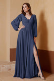 Plunging V Neck Formal Evening Dresses with Long Sleeves Mother of the Bride Dress Gowns