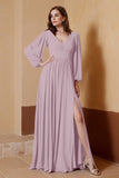 Plunging V Neck Formal Evening Dresses with Long Sleeves Mother of the Bride Dress Gowns