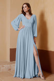 Plunging V Neck Formal Evening Dresses with Long Sleeves Mother of the Bride Dress Gowns