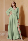 Plunging V Neck Formal Evening Dresses with Long Sleeves Mother of the Bride Dress Gowns