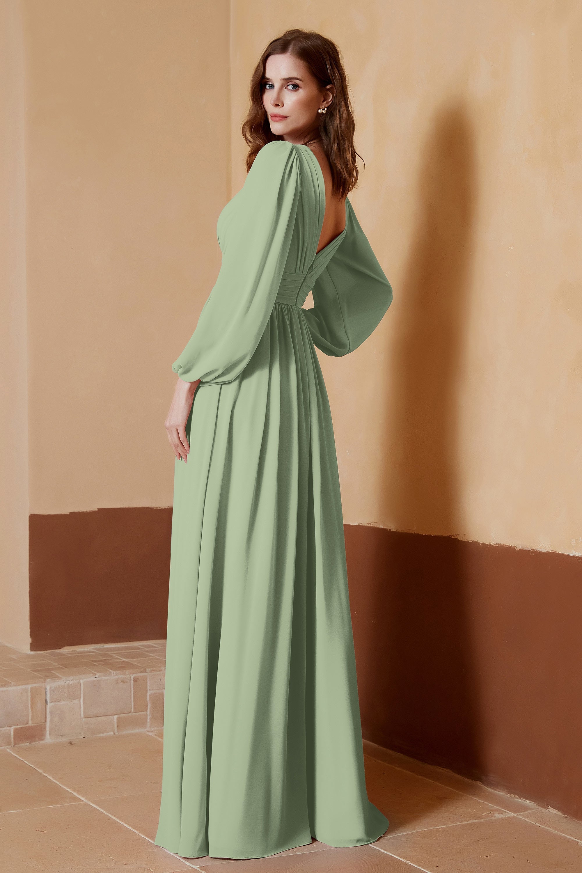 Plunging V Neck Formal Evening Dresses with Long Sleeves Mother of the Bride Dress Gowns