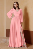 Plunging V Neck Formal Evening Dresses with Long Sleeves Mother of the Bride Dress Gowns