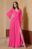 Plunging V Neck Formal Evening Dresses with Long Sleeves Mother of the Bride Dress Gowns