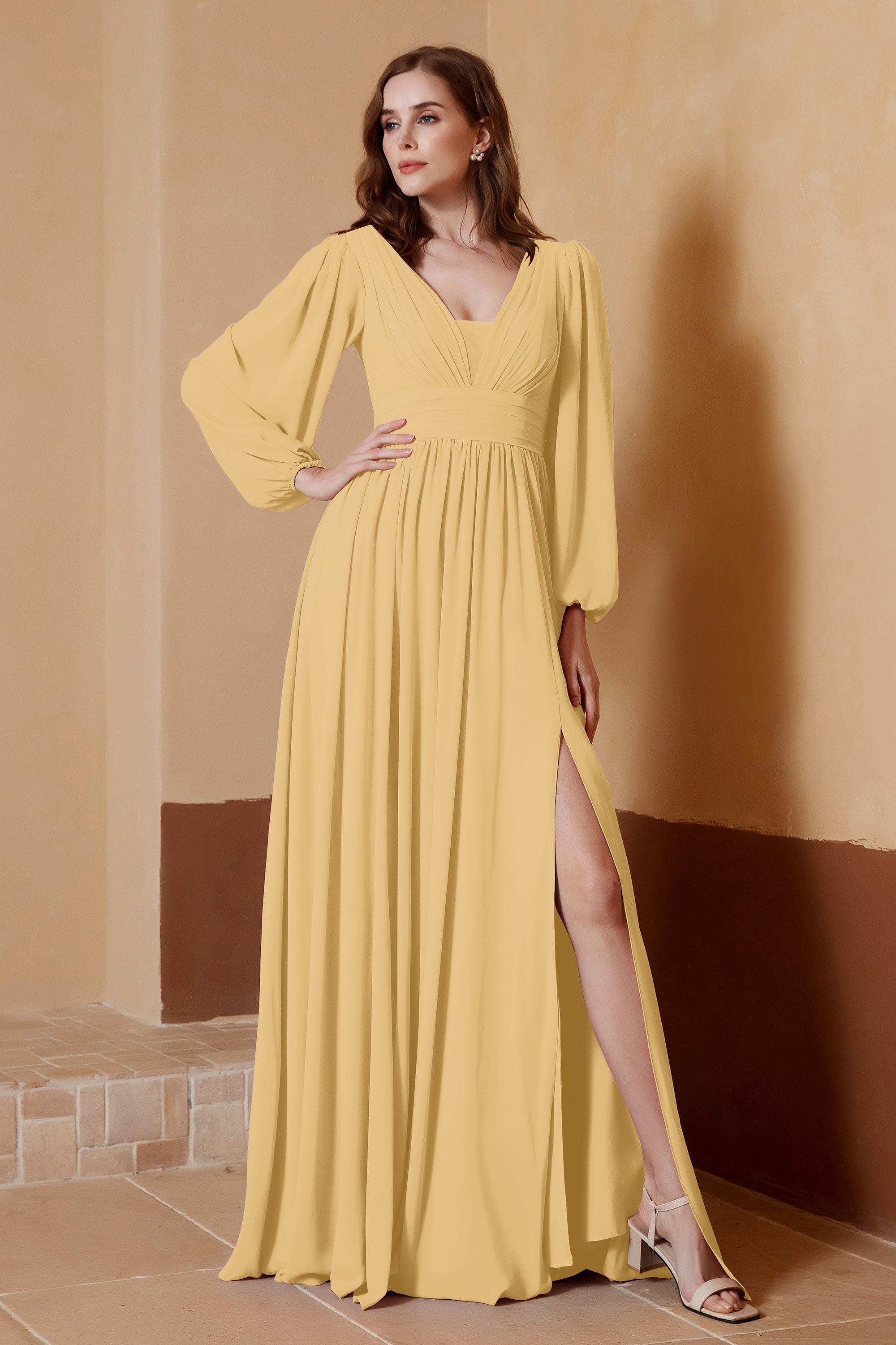 Plunging V Neck Formal Evening Dresses with Long Sleeves Mother of the Bride Dress Gowns