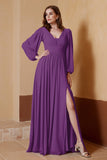Plunging V Neck Formal Evening Dresses with Long Sleeves Mother of the Bride Dress Gowns
