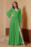 Plunging V Neck Formal Evening Dresses with Long Sleeves Mother of the Bride Dress Gowns