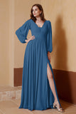 Plunging V Neck Formal Evening Dresses with Long Sleeves Mother of the Bride Dress Gowns