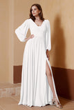 Plunging V Neck Formal Evening Dresses with Long Sleeves Mother of the Bride Dress Gowns