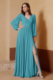 Plunging V Neck Formal Evening Dresses with Long Sleeves Mother of the Bride Dress Gowns