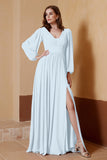 Plunging V Neck Formal Evening Dresses with Long Sleeves Mother of the Bride Dress Gowns