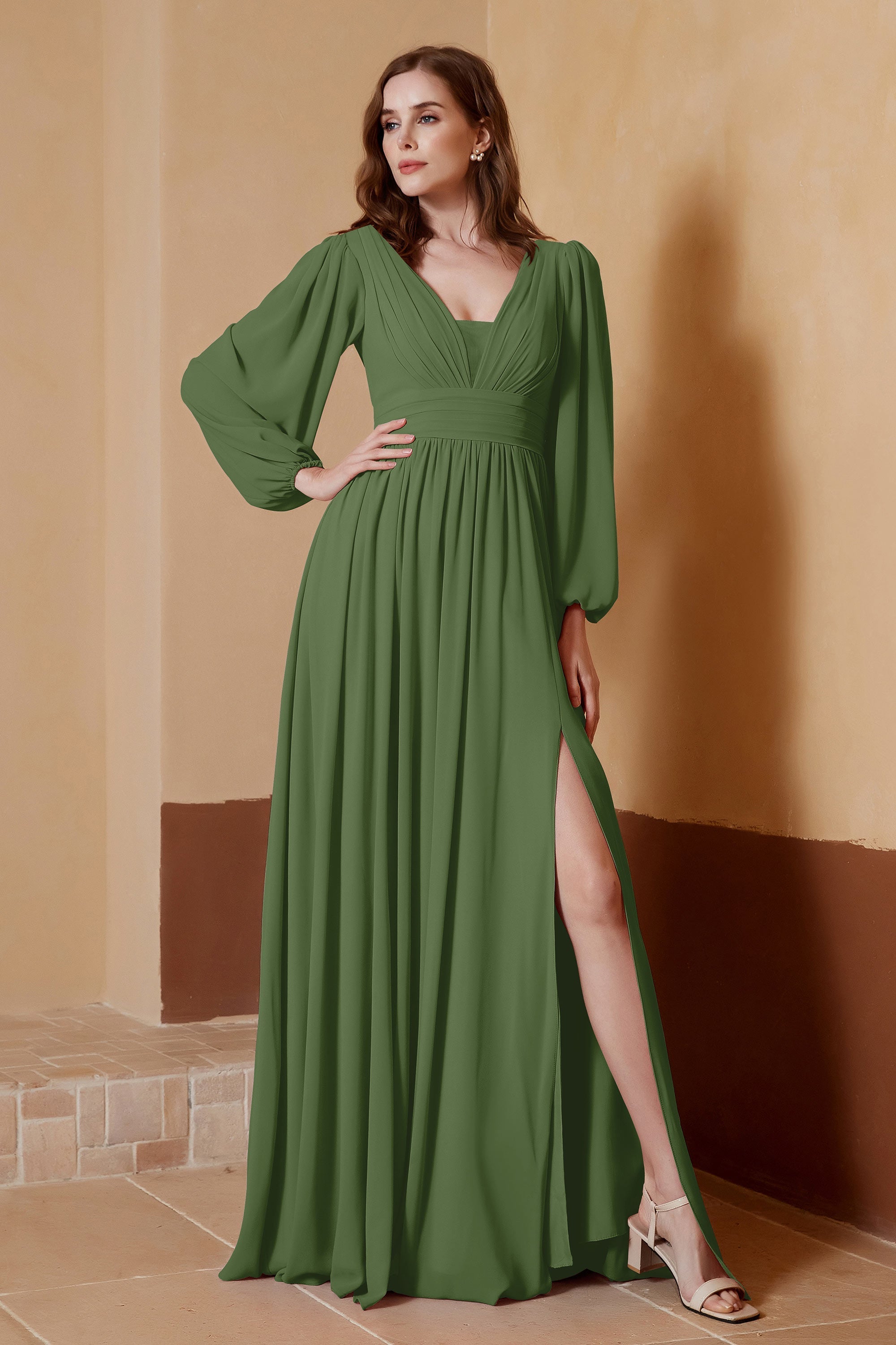 Plunging V Neck Formal Evening Dresses with Long Sleeves Mother of the Bride Dress Gowns