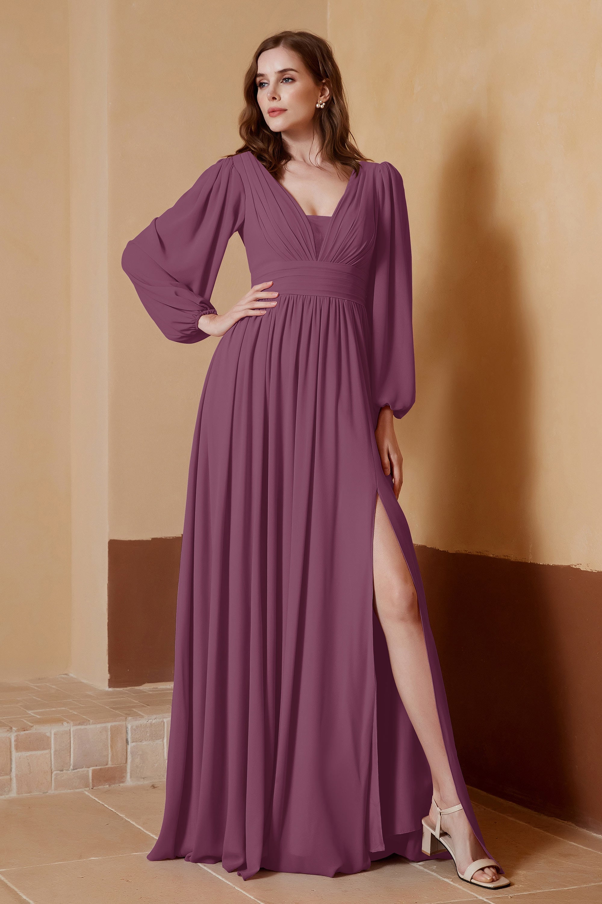 Plunging V Neck Formal Evening Dresses with Long Sleeves Mother of the Bride Dress Gowns