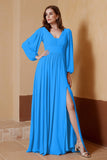 Plunging V Neck Formal Evening Dresses with Long Sleeves Mother of the Bride Dress Gowns