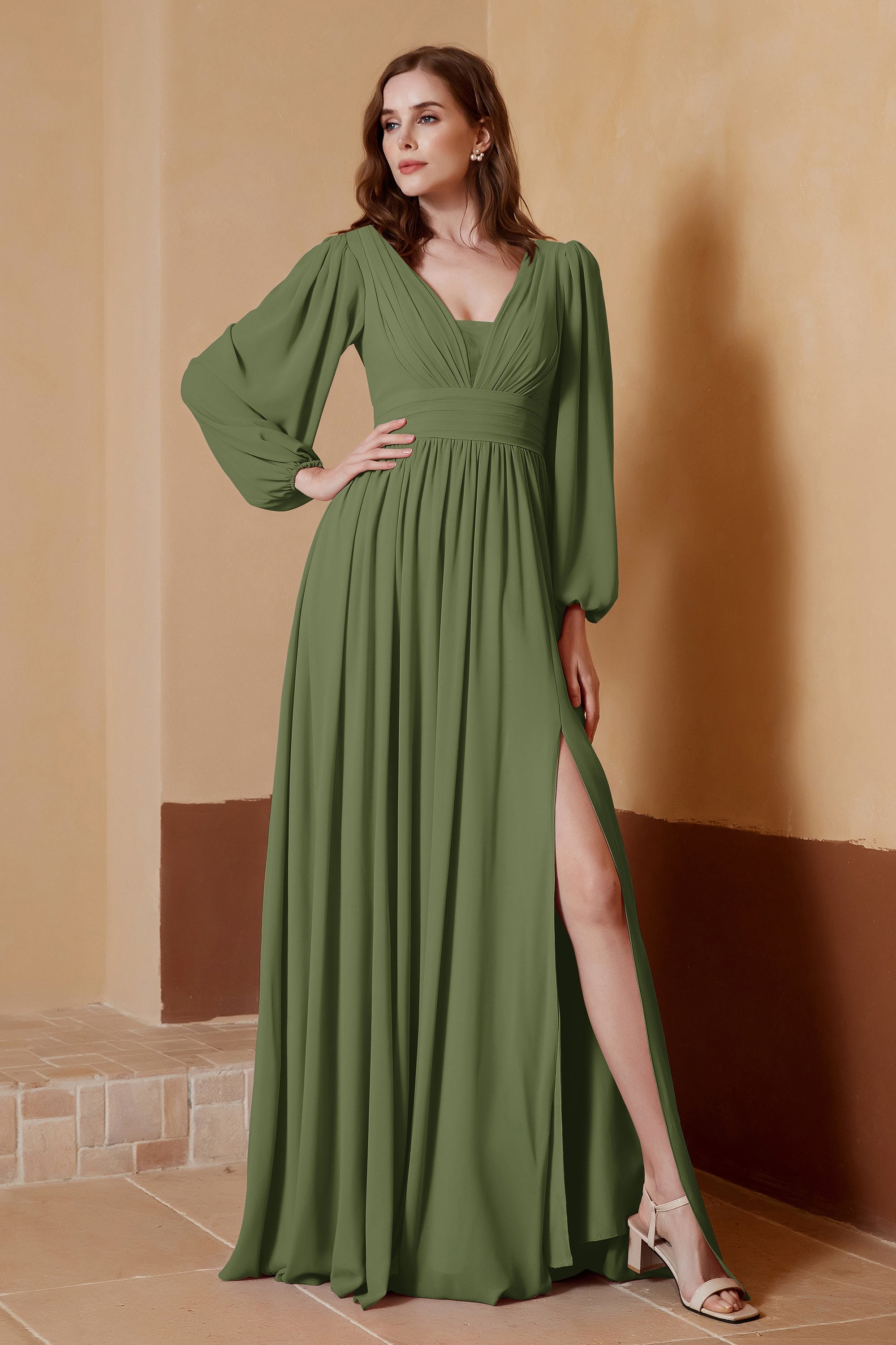Plunging V Neck Formal Evening Dresses with Long Sleeves Mother of the Bride Dress Gowns