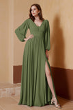 Plunging V Neck Formal Evening Dresses with Long Sleeves Mother of the Bride Dress Gowns
