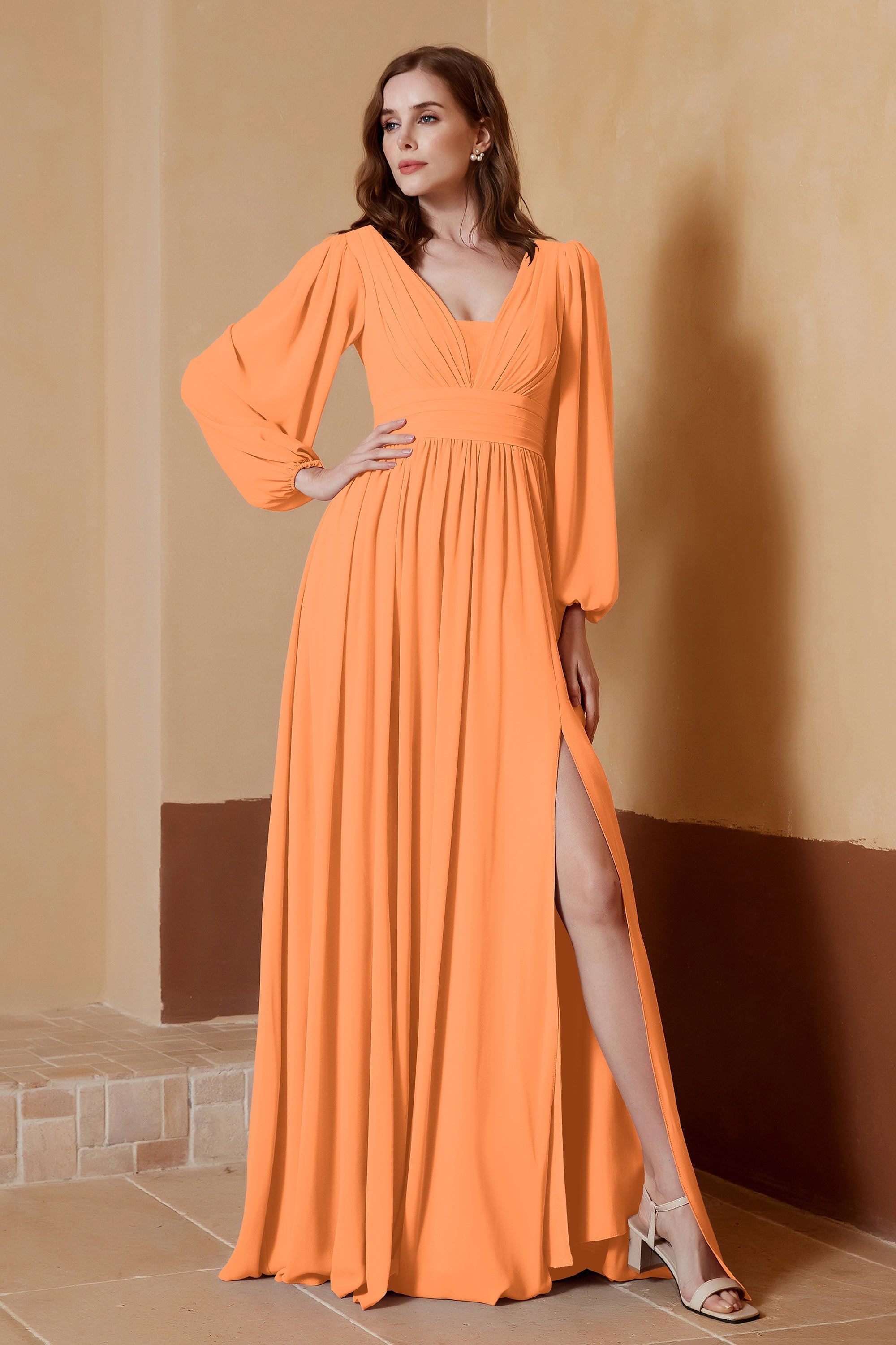 Plunging V Neck Formal Evening Dresses with Long Sleeves Mother of the Bride Dress Gowns