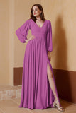 Plunging V Neck Formal Evening Dresses with Long Sleeves Mother of the Bride Dress Gowns
