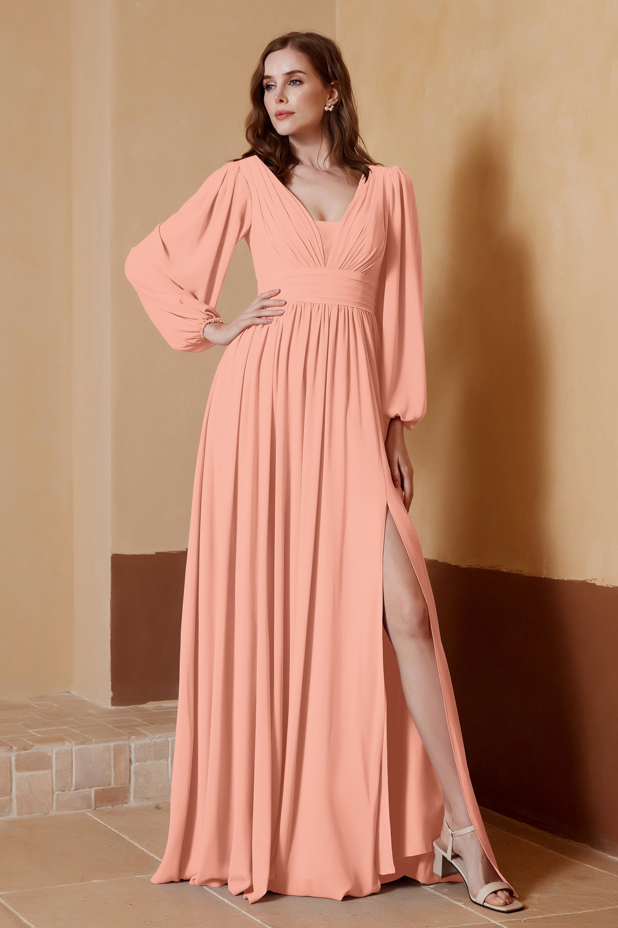 Plunging V Neck Formal Evening Dresses with Long Sleeves Mother of the Bride Dress Gowns