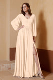 Plunging V Neck Formal Evening Dresses with Long Sleeves Mother of the Bride Dress Gowns
