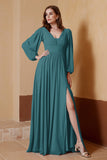 Plunging V Neck Formal Evening Dresses with Long Sleeves Mother of the Bride Dress Gowns