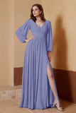 Plunging V Neck Formal Evening Dresses with Long Sleeves Mother of the Bride Dress Gowns