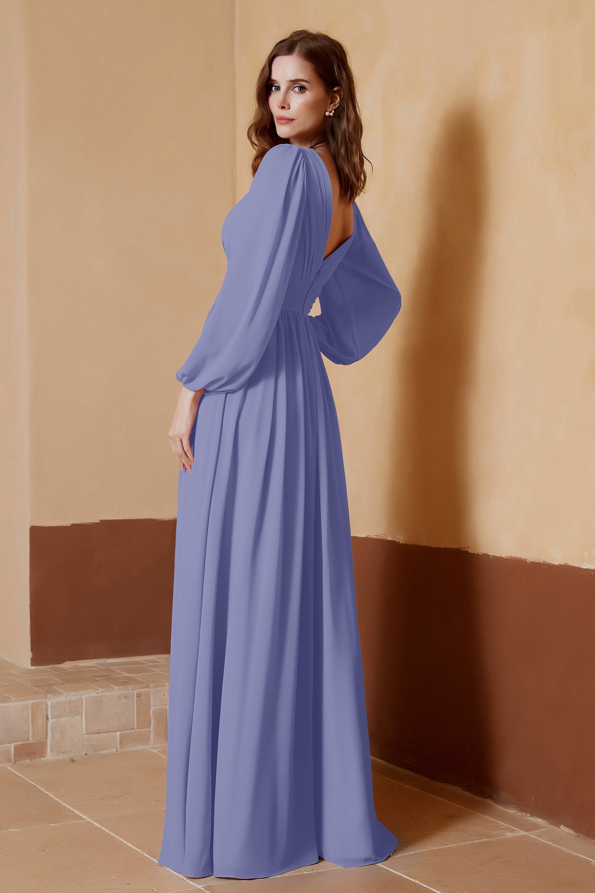 Plunging V Neck Formal Evening Dresses with Long Sleeves Mother of the Bride Dress Gowns
