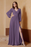 Plunging V Neck Formal Evening Dresses with Long Sleeves Mother of the Bride Dress Gowns