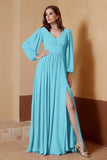 Plunging V Neck Formal Evening Dresses with Long Sleeves Mother of the Bride Dress Gowns
