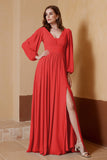 Plunging V Neck Formal Evening Dresses with Long Sleeves Mother of the Bride Dress Gowns