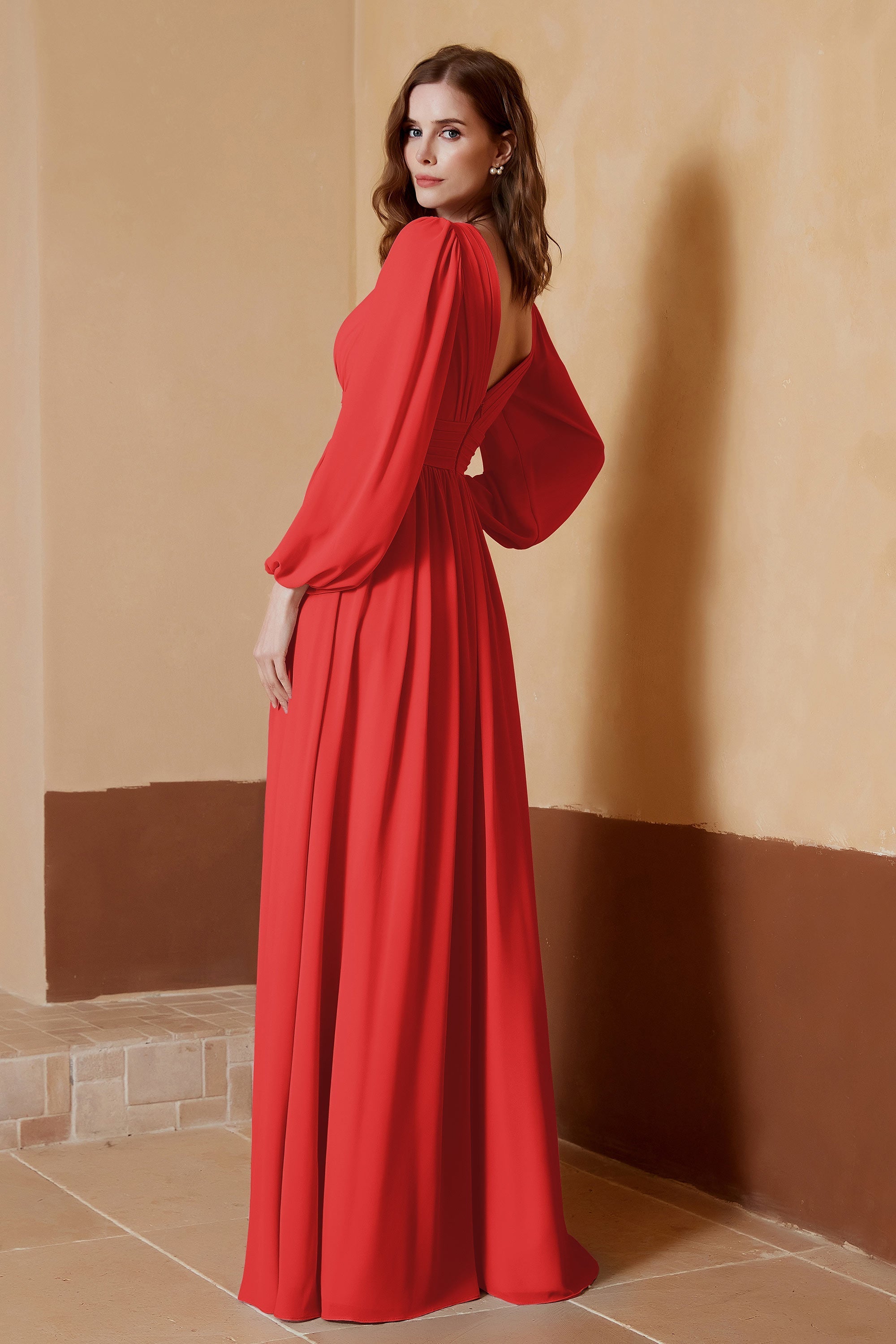 Plunging V Neck Formal Evening Dresses with Long Sleeves Mother of the Bride Dress Gowns