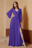 Plunging V Neck Formal Evening Dresses with Long Sleeves Mother of the Bride Dress Gowns