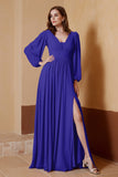 Plunging V Neck Formal Evening Dresses with Long Sleeves Mother of the Bride Dress Gowns